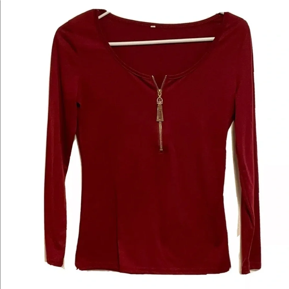 Maroon Solid Color Zip Long Sleeve Top Size Small - Picture 1 of 5
